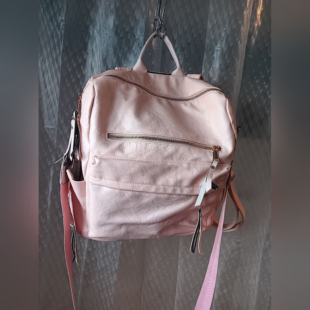 Pink FauLeather Large Capacity Backpack Adjustable Strap For Women And Students